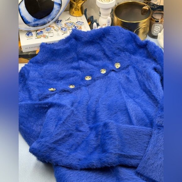 🆕 VERSACE JEANS COUTURE 🧿 NWOT Royal Blue Faux Fur Knit Dress, Buttons - Sz XL - Picture 12 of 16